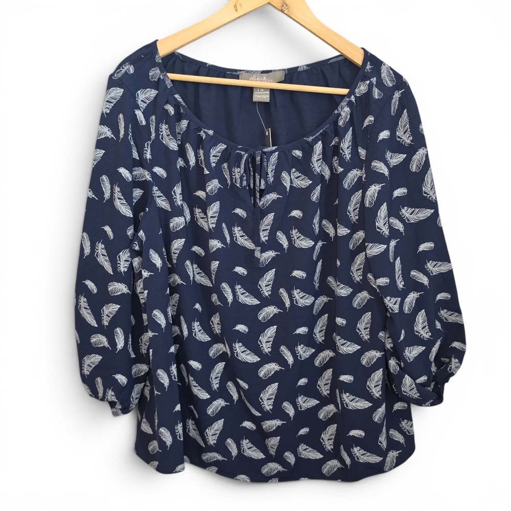 Olivia & Martin Top Womens Plus 1X Navy Blue Peasant Blouse Feather‎ Print